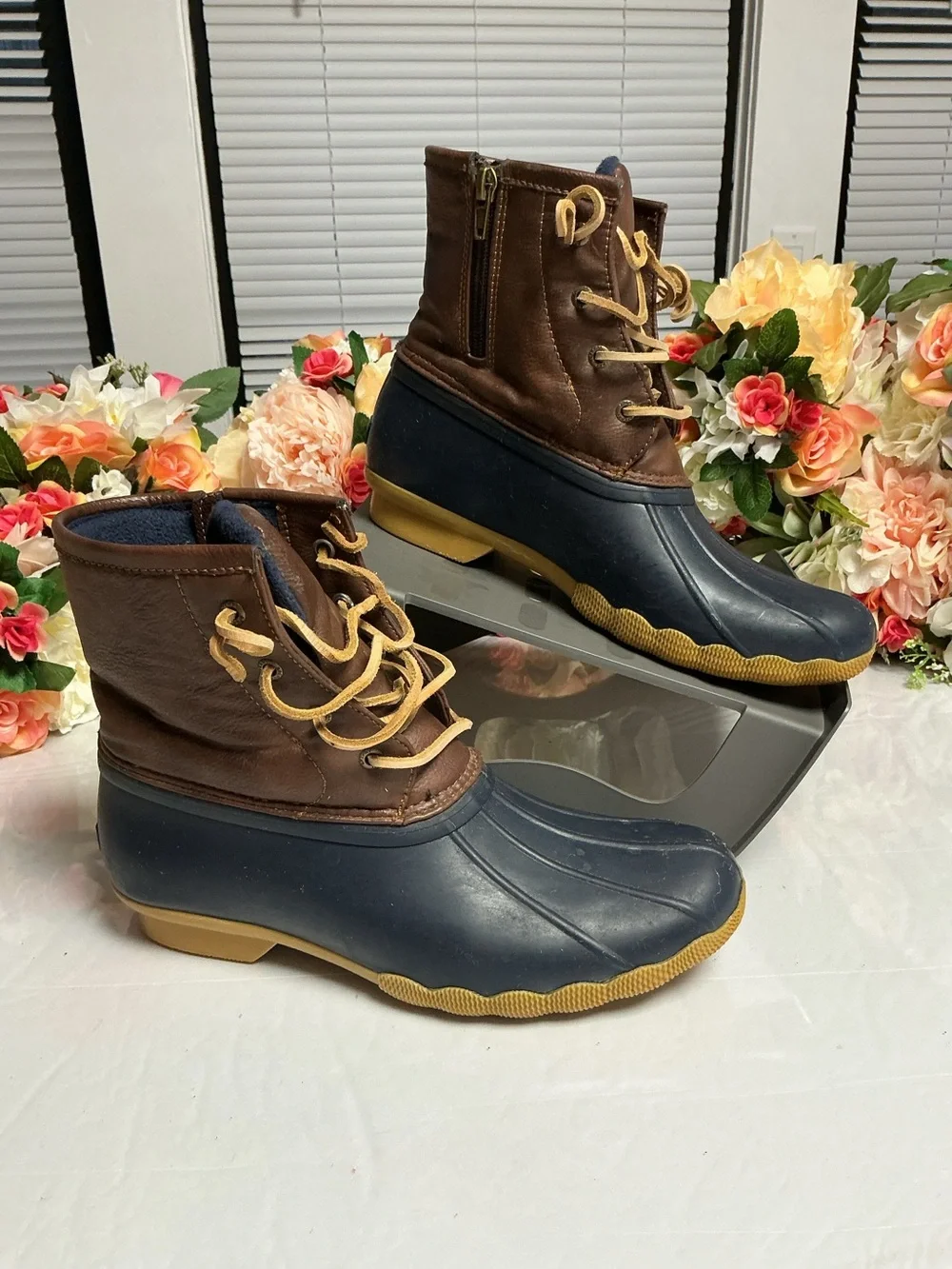 Sperry Saltwater Duck Boots Girls 6 Navy Brown Waterproof Rain Snow Side Zip YG5
